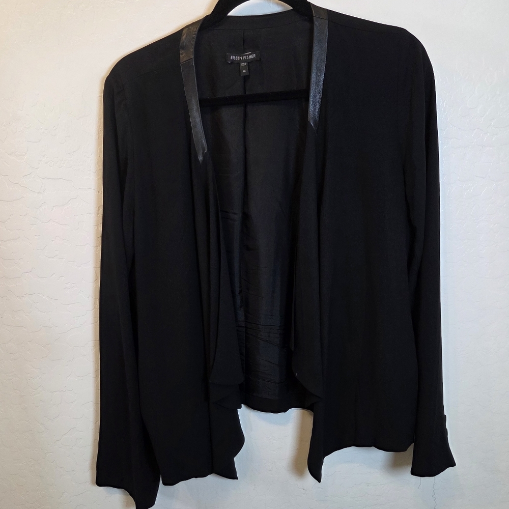EILEEN FISHER Black Georgette Crepe Silk Leather Trim Waterfall Jacket Blazer M